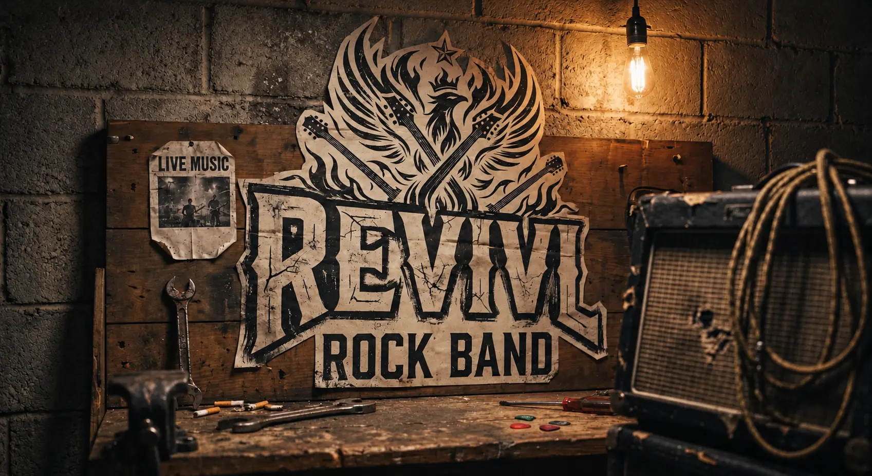 Revivl Rock Band phoenix and guitars emblem in an amber-lit workshop.